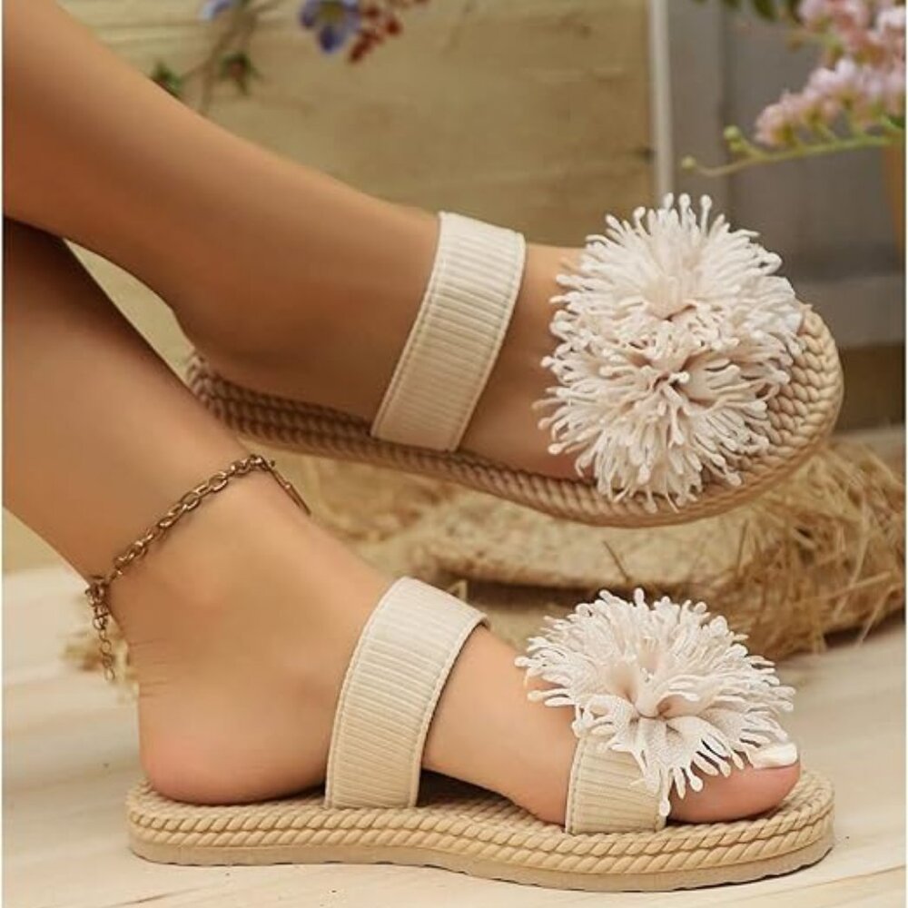 3D Floral Straw Double Strap Flat Sandals